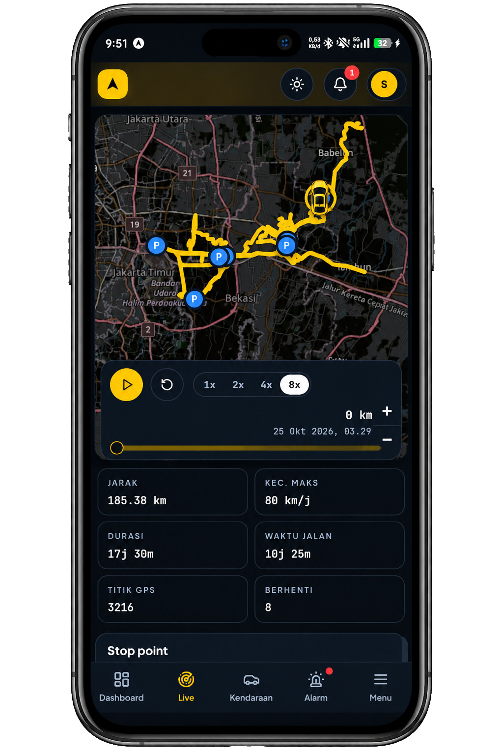 Screenshot asli aplikasi Glazy Tracker: detail kendaraan