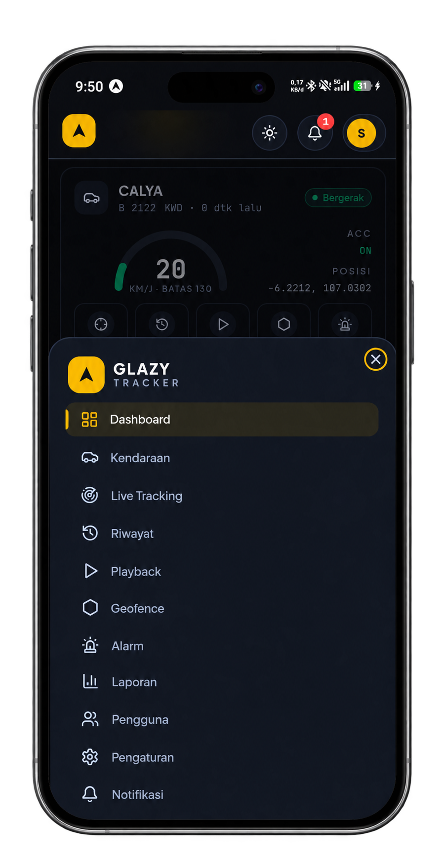 Screenshot asli aplikasi Glazy Tracker: playback perjalanan