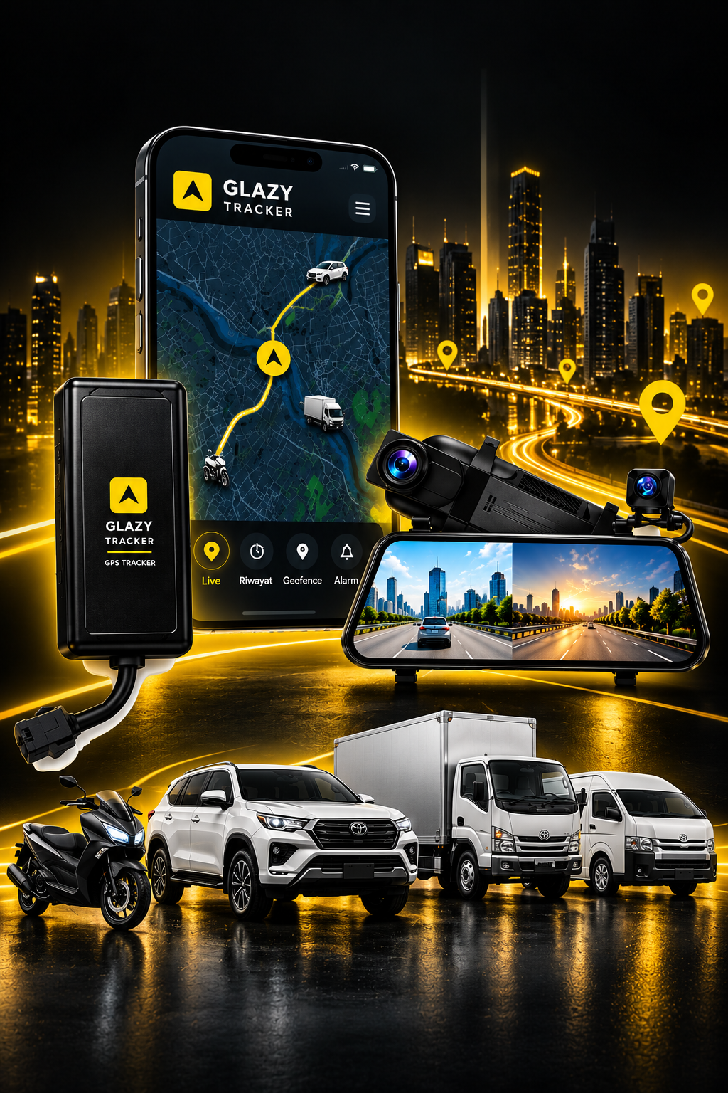 Glazy Tracker GPS, dashcam, motor, mobil dan truk