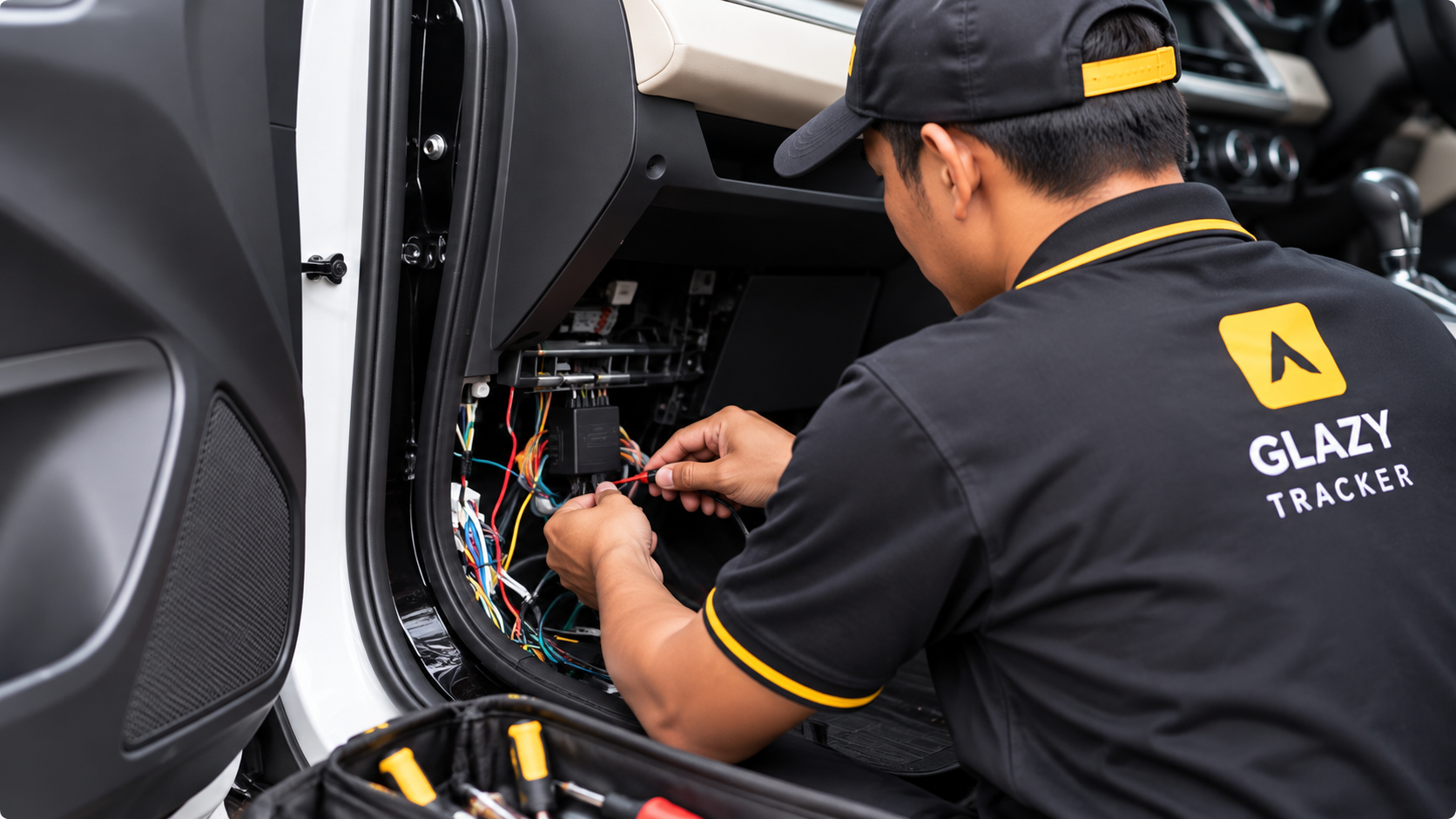 Teknisi Glazy Tracker sedang memasang GPS kendaraan